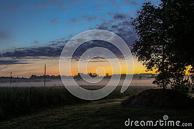 Misty sunrise the field Stock Photo