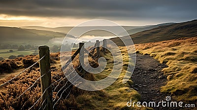 Misty Sunrise Over Grassy Field With Stone Fence On English Moors Stock Photo