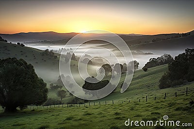 misty sunrise over the rolling hills, with mist still clinging to the ground Stock Photo