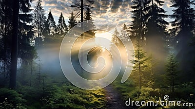 Misty Sunrise: Tree Path Of Life In The Enchanting Forest Stock Photo