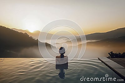 Misty Sunset Oasis: Woman's Back in Pool Overlooking Fog-Clad Valley Creates Serene Twilight Beauty, ai generative Stock Photo