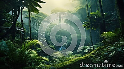 Misty tropical jungle panorama with lush green foliage, mysterious atmosphere, and exotic beauty. Perfect for travel and adventure Stock Photo