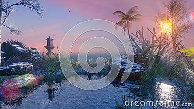 Misty tropical panorama scene at sunset Cartoon Illustration