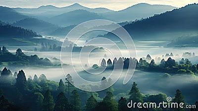 misty valley wood fog landscape Cartoon Illustration