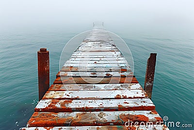 Misty Weather Over Rusty Dock Extending Into Obscurity, Generative AI Stock Photo