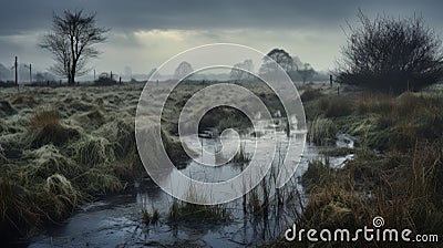 Misty Wetland In Yorkshire Atmospheric Frozen Stream In Traditional British Landscape Stock Photo