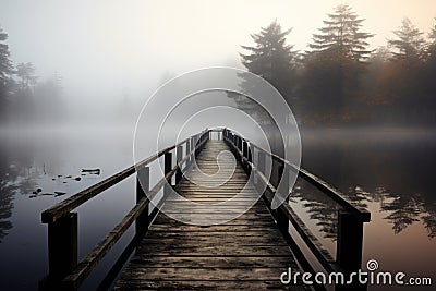 Misty wooden pier leading into calm lake at dawn Stock Photo