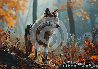 Feral Determination: A Golden Portrait of a Wolf in the Foggy Wo Stock Photo