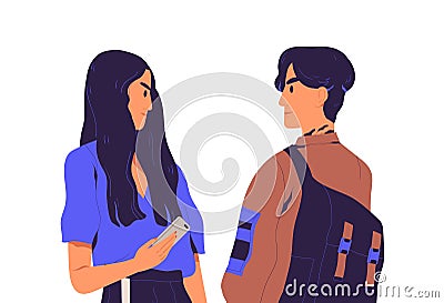 Misunderstanding between people. Awkward moment of unpleasant occasional meeting. Couple of man and woman with tense and Vector Illustration