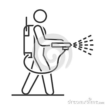 Mite disinfectant man icon. Disinfector icon. Linear image of a person with a disinfectant against ticks, beetles, pests Vector Illustration