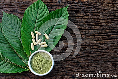 Mitragyna speciosa or kratom leaves with medicinal products in capsules and powder in white ceramic bowl and wooden table Stock Photo