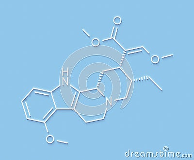 Mitragynine molecule. Herbal alkaloid present in kratom ketum, Mitragyna speciosa. Skeletal formula. Stock Photo