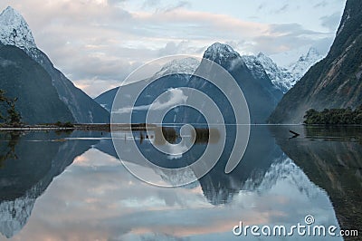 Mitre Peak at sunset. Milford Sound. Stock Photo