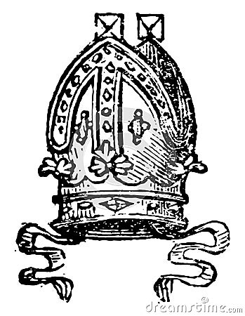 Mitre are worn by Roman Catholic archbishops, vintage engraving Vector Illustration