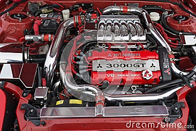 Mitsubishi 3000GT engine on display Editorial Stock Photo