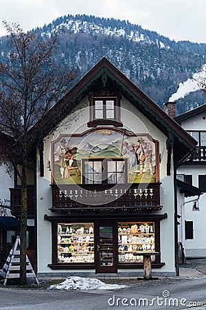 MITTENWALD, GERMANY - DECEMBER 2018: traditional Bavarian painted house Editorial Stock Photo