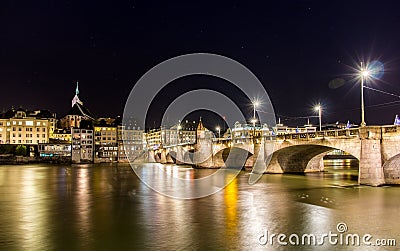 Mittlere bridge in Basel at night Stock Photo