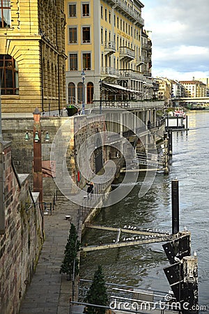 Mittlere Bridge and Basel waterfront, Switzerland. Editorial Stock Photo