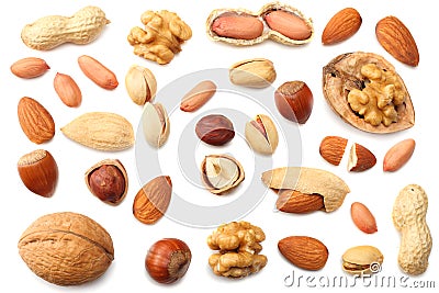 mix almonds, cashew nuts, hazelnut, peanuts, walnuts, pistachio isolated on white background. Top view Stock Photo