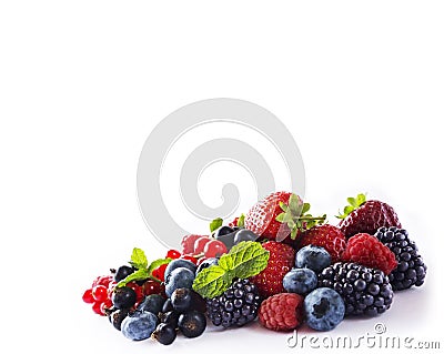 Mix berries isolated on a white. Ripe blueberries, blackberries, red currants, black currant, raspberries and strawberries. Variou Stock Photo