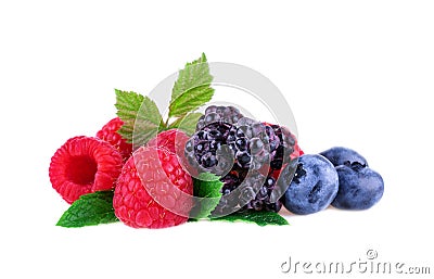 Berry mix raspberries blueberries blackberries with mint leaf isolated on white background Stock Photo