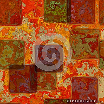 Mix of colorful tiles on red stained background with parchment frame on border with vintage grunge texture and faded lighting Stock Photo