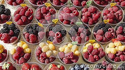 Mix of different delicious berries in glasses Stock Photo