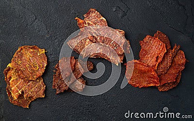 Mix of dried meat Jerky . From chicken , beef and pork Stock Photo