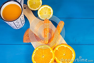 Mix of fruit, juice with vitamins and a slice of dessert for a fresh energetic and healthy breakfast, summer atmosphere Stock Photo