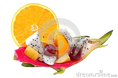 Mix fruit salad Served in creative Dragon fruit, Pitaya rind bowl Stock Photo