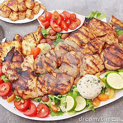 Mix grill platter of chicken tikka kabab, beef kebab and lamb chop served in dish isolated on grey background top view of arabic Stock Photo