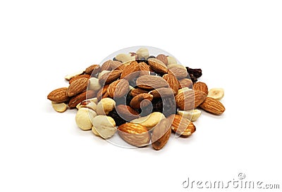 Mix of nuts hazelnut almonds and cashews with raisins, a bunch isolated on a white background Stock Photo