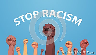 Mix race activists holding raised up fists poster against racism and discrimination racial equality Vector Illustration