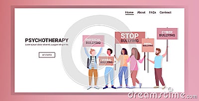 Mix race activists holding stop bullying banners psychotherapy concept horizontal Vector Illustration