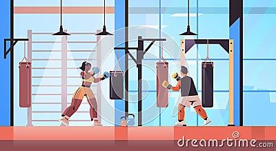 Mix race boxers doing exercises with punching bag training healthy lifestyle boxing concept Vector Illustration