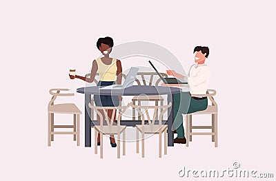Mix race business couple discussing during meeting coffee break concept man woman office workers sitting at table using Vector Illustration