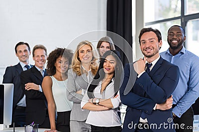 Mix Race Business People Group Standing At Modern Office, Businesspeople Happy Smiling Businessman And Businesswoman Stock Photo