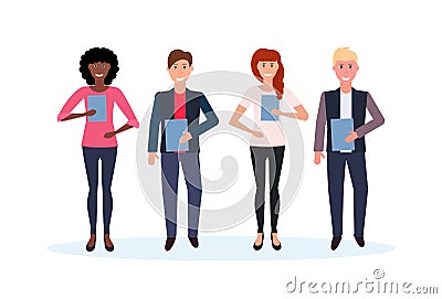 Mix race business people holding folder standing together happy man woman office workers male female cartoon character Vector Illustration