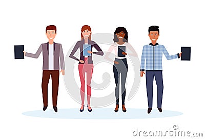 Mix race business people holding folder standing together happy man woman office workers male female cartoon character Vector Illustration