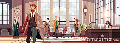 mix race businesspeople in business center hall modern office interior horizontal Vector Illustration