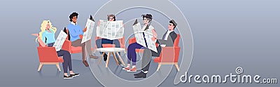 Mix race businesspeople reading newspapers and discussing daily news communication mass media Vector Illustration