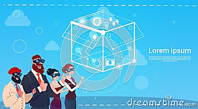 Mix Race Businesss People Group Wear Digital Reality Glasses Brainstorming Remote Workers Concept Vector Illustration