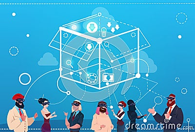 Mix Race Businesss People Group Wear Digital Reality Glasses Brainstorming Remote Workers Concept Vector Illustration