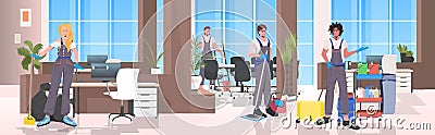 Mix race cleaners team cleaning and disinfecting floor to prevent coronavirus pandemic Vector Illustration