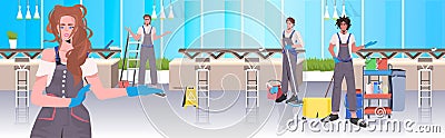 mix race cleaners team cleaning and disinfecting floor to prevent coronavirus pandemic Vector Illustration