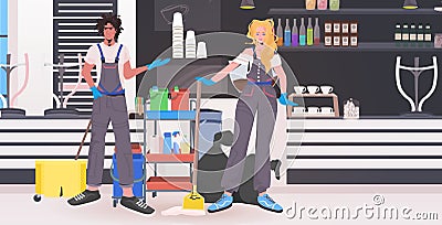 Mix race cleaners team disinfecting floor to prevent coronavirus pandemic cleaning service concept Vector Illustration