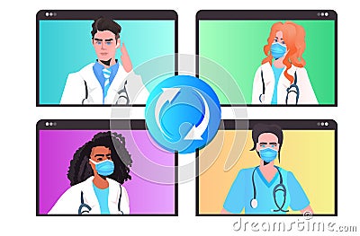mix race doctors in masks discussing during video call online consultation virtual conference fight against covid-19 Cartoon Illustration
