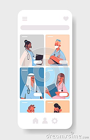 Mix race doctors in mobile medical application online consultation healthcare medicine concept Vector Illustration