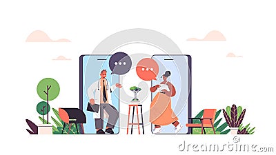 Mix race doctors in smartphone screend discussing during video call chat bubble communication online consultation Vector Illustration