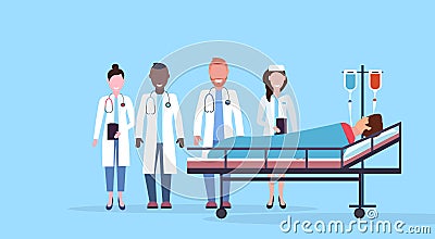 Mix race doctors team visiting patient man lying bed intensive therapy ward healthcare concept hospital room blue Vector Illustration